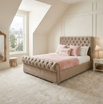 Sleigh Bed – A Statement of Luxury & Timeless Comfort (beige)