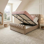 Sleigh Bed – A Statement of Luxury & Timeless Comfort (beige)